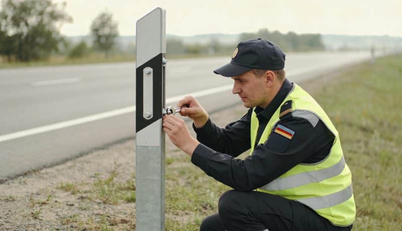 Agent de circulation installant un nouveau panneau routier