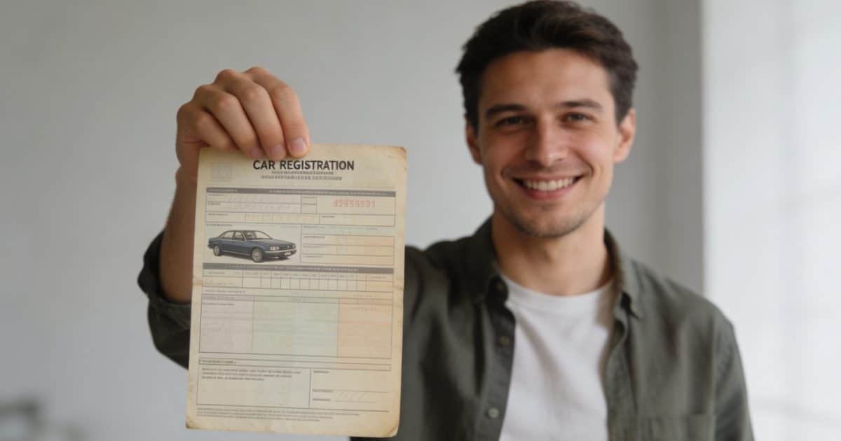 homme souriant tenant carte grise ancienne voiture
