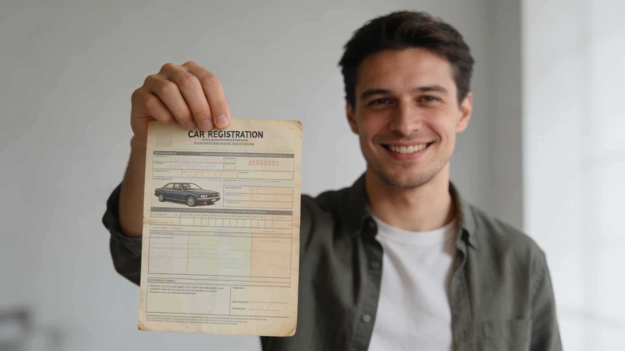 homme souriant tenant carte grise ancienne voiture