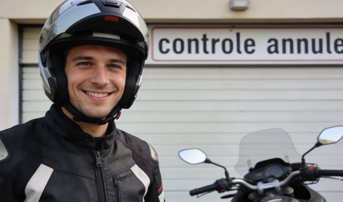 motard souriant devant garage ferme pancarte controle annule