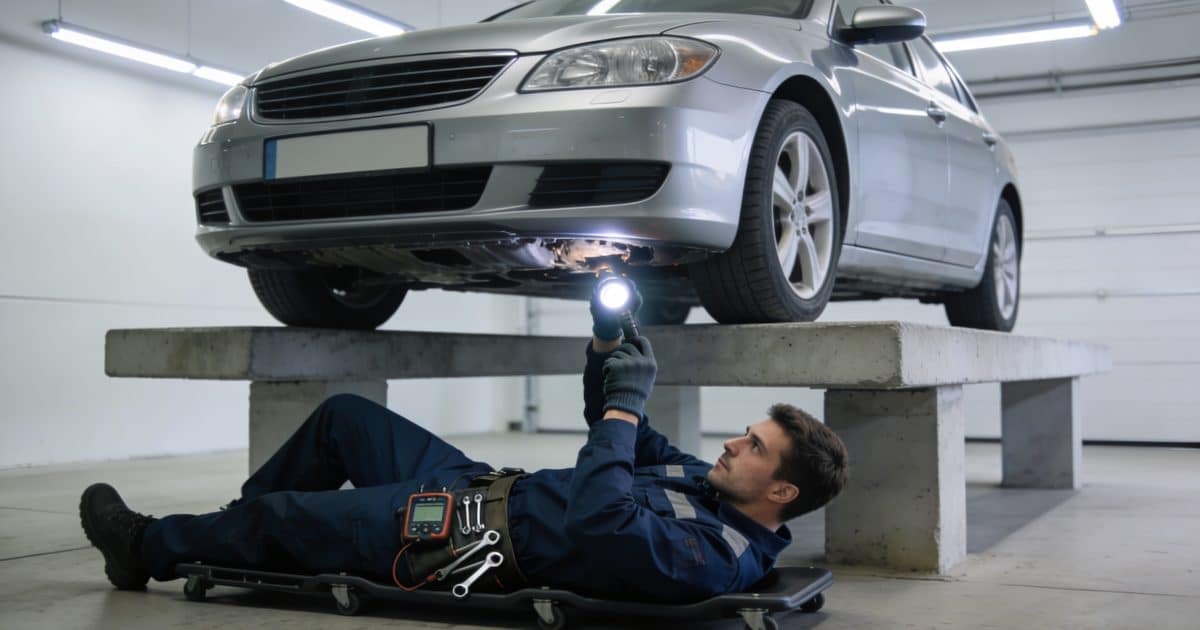 technicien autovision inspectant le dessous dune voiture