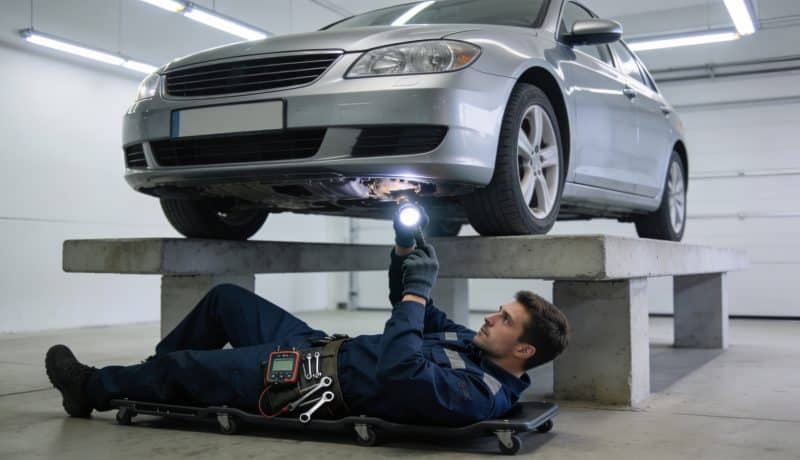 technicien autovision inspectant le dessous dune voiture