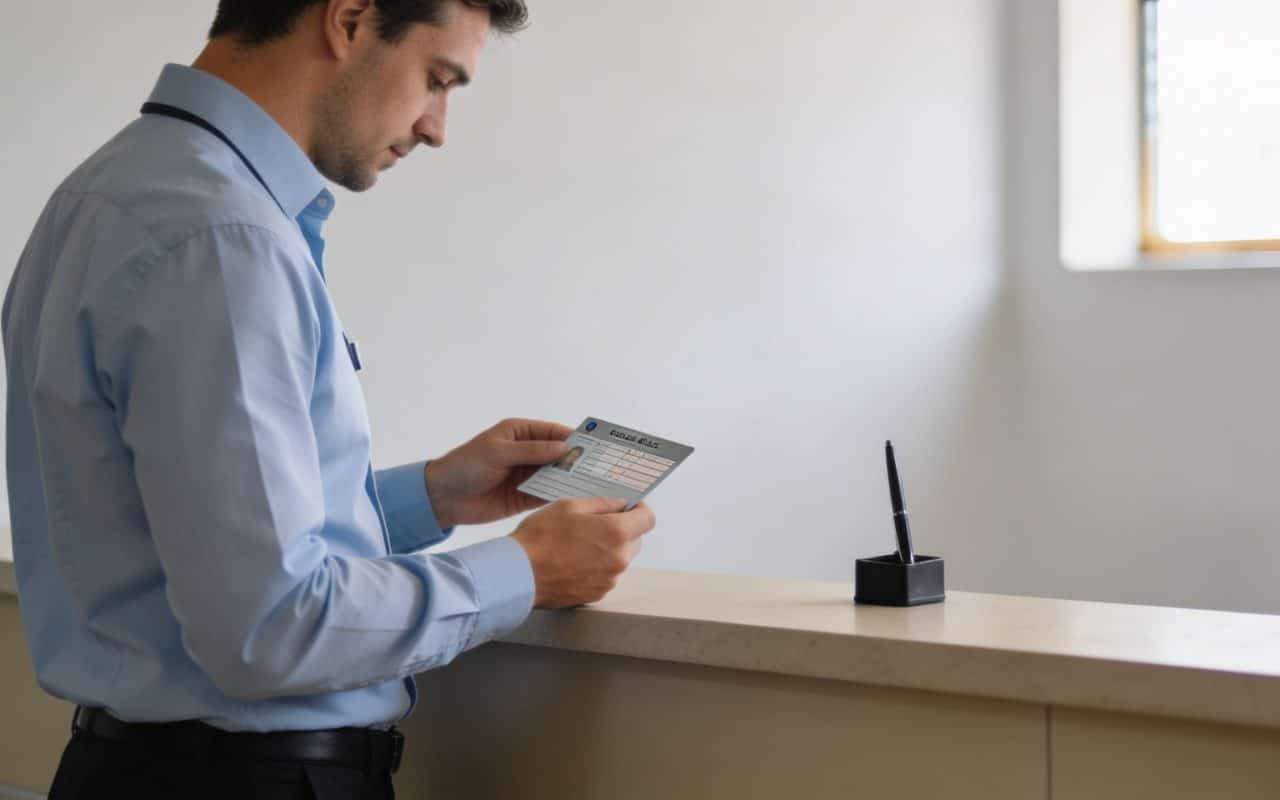 employe verifiant carte grise sur comptoir administratif