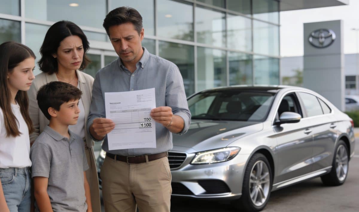 famille devant concessionnaire montrant facture elevee voiture neuve