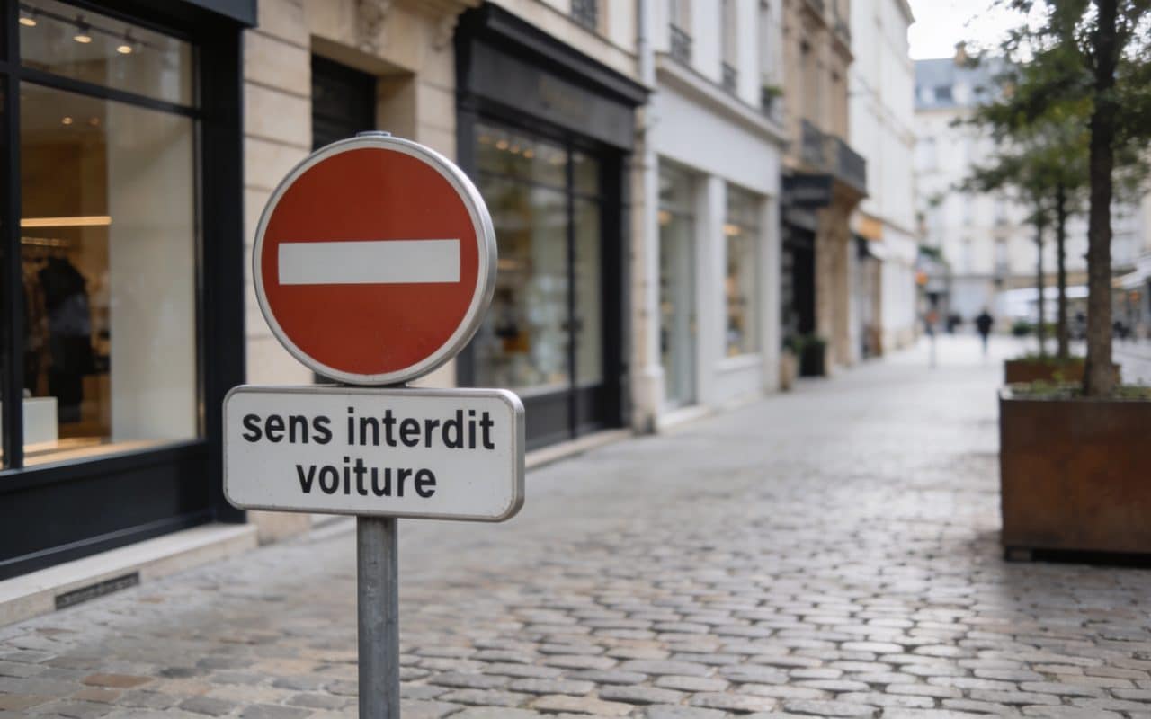 rue pietonne avec panneau sens interdit voiture