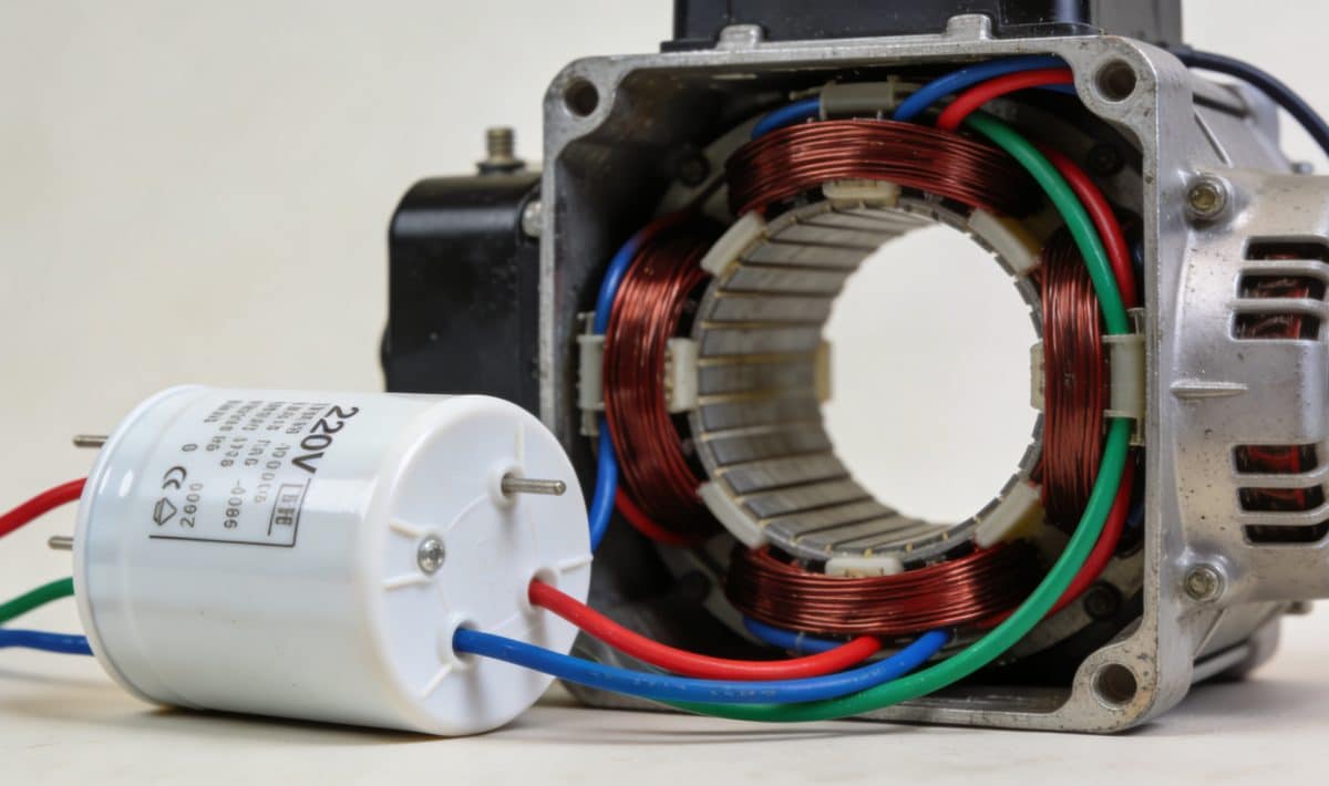 gros plan sur moteur electrique 220v ouvert avec condensateur blanc et fils colores