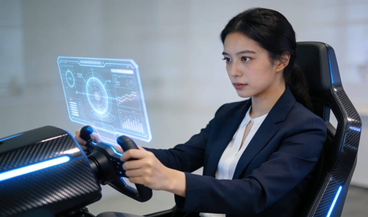 Jeune femme assise au simulateur de conduite futuriste